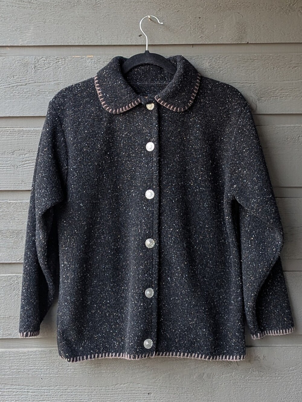 VTG 80s ALPS Women's Speckled Black Fleece Button-Up Jacket Small